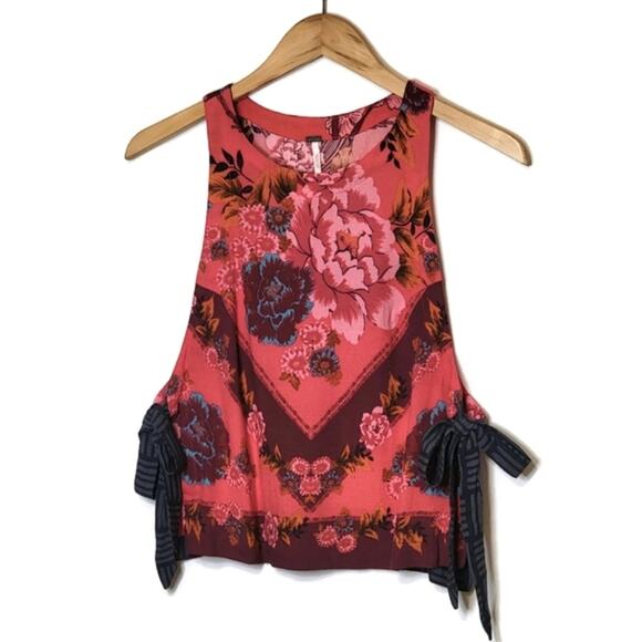 Free People Floral Scoop Neck Sleeveless Side Tie Pink Tank Top Size XS - Picture 16 of 16